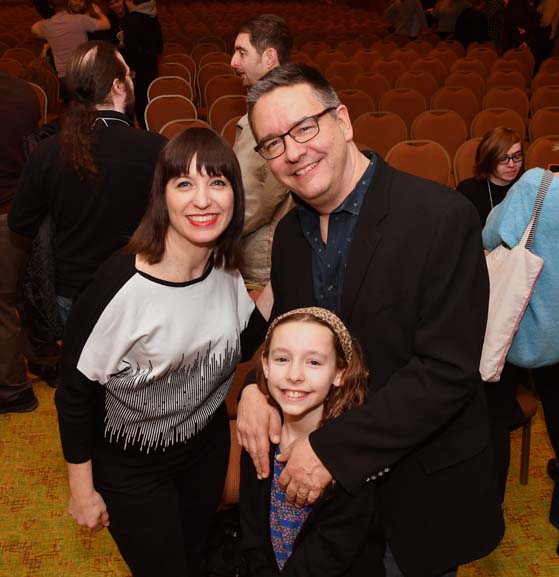 Announcers Ophira Eisenberg and Greg Pliska with Greg's Daughter